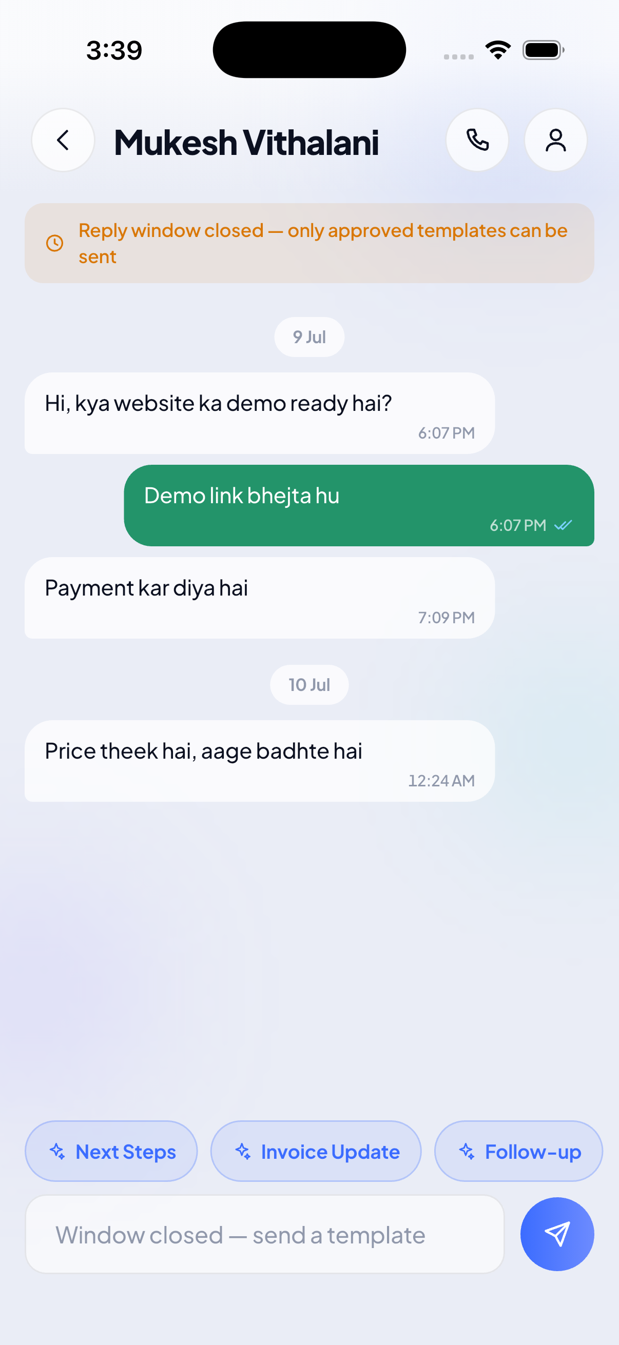 WhatsApp conversation inside Brave CRM